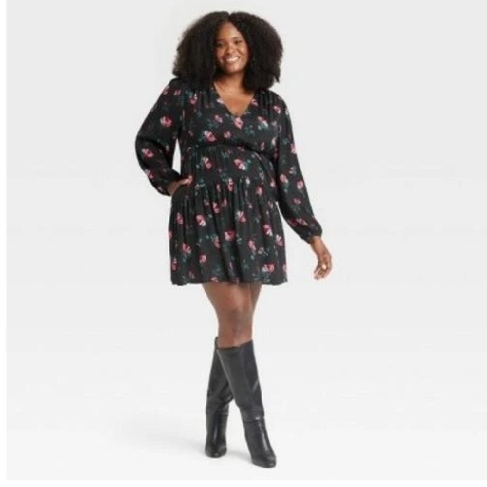 A New Day Women's Plus Sz 4X Balloon Long Sleeve Dropped Waist Mini A-Line Dress